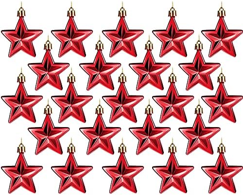 24 Pieces Christmas Hanging Star Decorations Hanging Ornaments Tree Hanging Decorations Star Pendant Tree Ornament Gift Decoration for Christmas (Red)