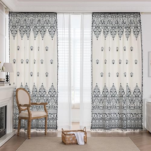 Image of Black Damask Curtains 96 Inches Long, Boho Farmhouse Light Filtering Rod Pocket Drapes with Tassel Trim for Bedroom Living Room, 2 Panels