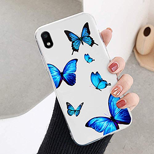 QPOLLY Coque Compatible avec Xiaomi Redmi Note 7A, Transparente avec Bleu Papillon Motif Cristal Clair Ultra Fine Souple TPU Silicone Gel Bumper Housse Étui de Protection pour Fille et Femme Cover