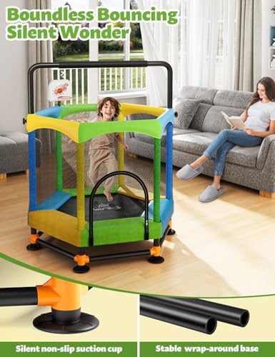 60" Trampoline for Kids, Twinkoo 5FT Fortified Toddler Trampolines with Anti-Rollover Bottom, Indoor/Outdoor Toddler Trampoline with Safety Enclosure, Adjustable Gymnastics Bars, Basketball Hoop - Image 6