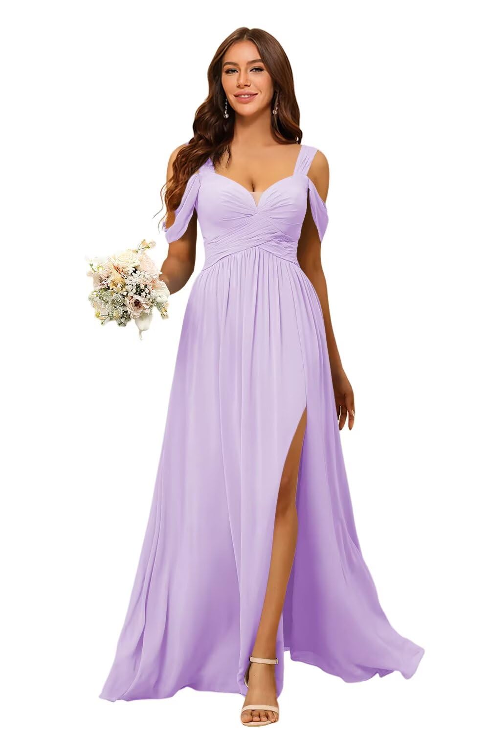 Womens Cold Shoulder Bridesmaid Dresses 2025 with Silt Chiffon Pleated Formal Evening Dress PUS061