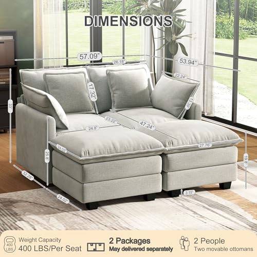 Image of 58 inch Cloud Couch Sectional Modular Sofa, Deep Seat Couches with Ottoman and Removable Washable Pillows for Living Room, Bedroom, Apartment, Light Grey