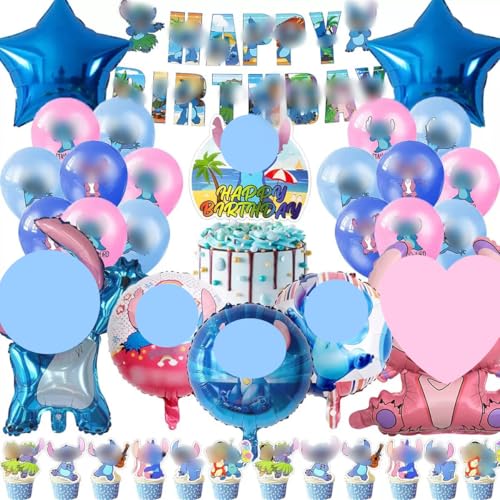 Stitc Kit de Decoración para Fiesta de Cumpleaños Infantil,Incluye Globos de Aluminio 3D,Pancarta de Feliz Cumpleaños,Adornos de Fiesta de Cumpleaños de Stitc