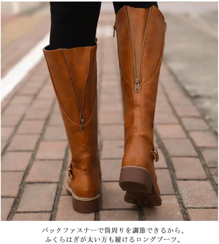 [XIN YE] ロングブーツ 大きい 筒周り 幅広 甲高 レディース ゆったり ふくらはぎ 履き口 ブーツ 太ヒール ローヒール 靴 ウェスタンブーツ ジョッキーブーツ ブーツ 22.5~26.5cm ベルト おしゃれ