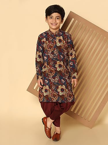 Image of KISAH Kid's Full Sleeves Cotton Blend Knee Length Printed Maroon Kurta Dhoti Set (7-8Y)