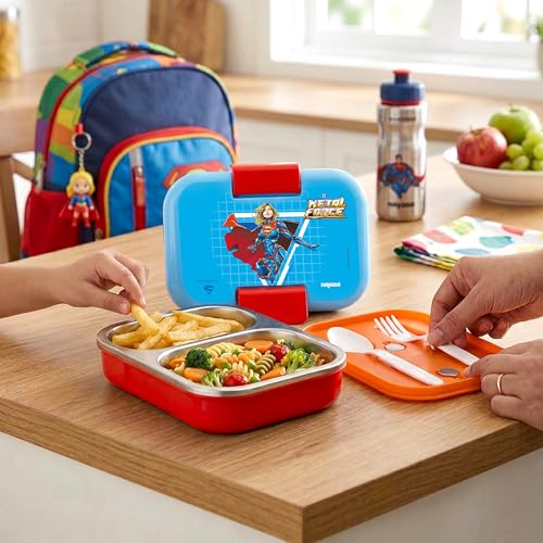 Image of Nayasa Marco Super Girl Print 2 Compartment Stainless Steel Insulated Lunch Box for Kids | Vacuum Sealed Leak Proof Tiffin Box | 650 ml | Red & Blue