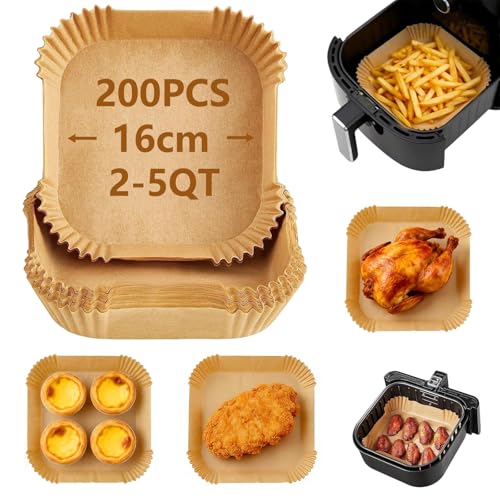 Velvaria 200 Pcs Disposable Air Fryer Liners Air Fryer Paper with Water & Oil Resistant and Non-Stick Coating for Baking Roasting Air Frying (16cm(Square))