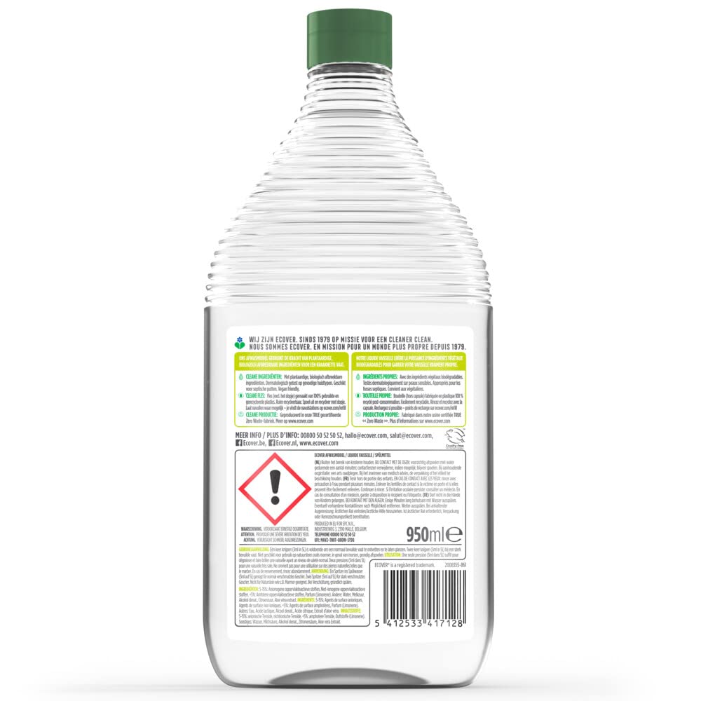 ECOVER - Liquide Vaisselle - Citron et Aloe Vera - Puissant Contre la Graisse - Lot de 8 x 950 ml - Paquet Économique