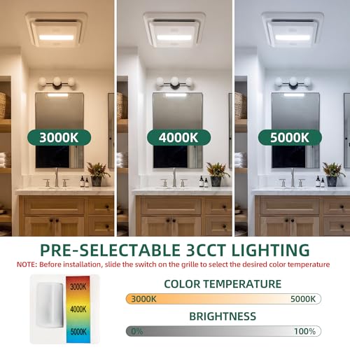 Ventilador de extracción para baño Akicon de 80 CFM y 0.7 sones con luz LED de 3 temperaturas de color (3000K/4000K/5000K), regulable, con Bluetooth, montaje en techo, blanco, certificado ENERGY STAR miniatura 5