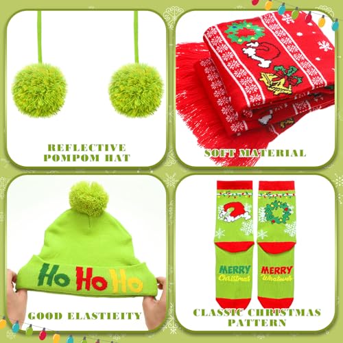 Coume 4 Pcs Winter Scarf and Hat Holiday Gifts for Women Red and Lime Green Beanie Gloves Hat Socks for Adults 6