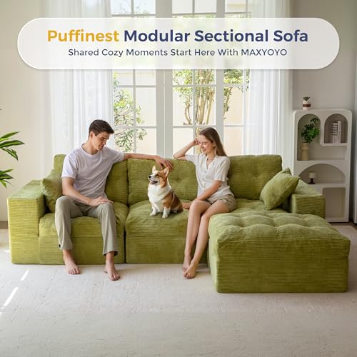 Image of MAXYOYO 104 inch L Shaped Modular Sectional Sofa with Ottoman, Cloud Boneless Couch with Layered Cushion, Upholstered Sofa Flexible Module Combination for Living Room, No Assembly, Green
