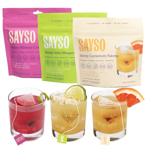Image of SAYSO Skinny Spicy Margarita, Skinny Hibiscus Cosmo & Skinny Cardamom Paloma Cocktail Tea Bags - - Instant Cocktail or Mocktail Mixers - No Hot Water - Home Bar - Organic Ingredients, 3-Pack