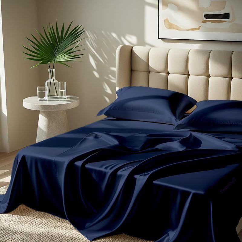 Image of Premium Satin Double Bed (90x100 Inchs) with 2 Pillow Cover Bedsheet Ultra Soft & Silky Smooth, Breathable Cooling Fabric, Luxury Glossy Finish|Navy Blue