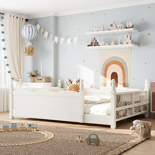 Image of Bellemave Full Size Montessori Floor Bed Frame with High Fence, Solid Wood Kids Floor Bed with Bookshelf, Low Profile Bed for Boys & Girls, Childlike Design,Beige