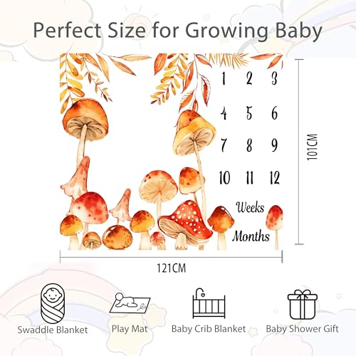 Image of Mushroom Theme Baby Monthly Milestone Blanket, Soft Flannel Watercolor Spring Tropical Eucalyptus Leaves Botanical Photography Prop Newborn Baby Shower Age Growth Tracker (Orange, 48x40in)