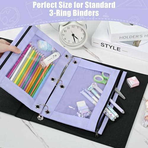Image of Lanpn Pencil Pouch for 3 Ring Binder 6 Pack, Purple Binder Pen Bags with Zipper, Cute 3 Holes Pencil Pouches Organizer for Boy Girl Kids School Student, Reinforced Grommets & Clear Window