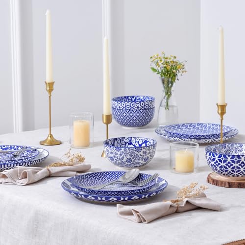 Image of Selamica Ceramic Plates and Bowls Sets,24 Pieces Dinnerware Sets for 8,Scratch Resistant Dish Set for family gathering,Dishwasher & Microwave Safe, Vintage Blue