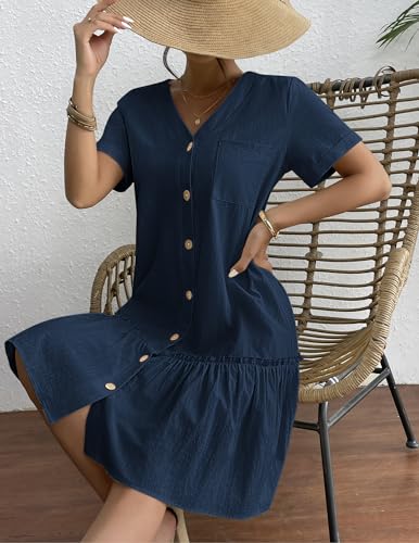 Image of HOTOUCH Women Button Down Dress Loose Summer Cotton Linen Dress Ruffle Hem Casual Dress Short Sleeve Tunic Dress
