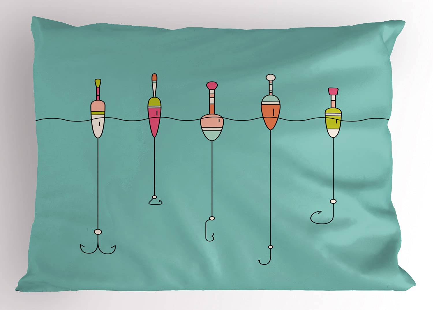 Lunarable Fishing Pillow Sham Set of 2, Funny Cartoon Catching Fish Concept of Hooks and Gears Relaxing Activity, Quality Microfiber Bedding Item for All Seasons, 30