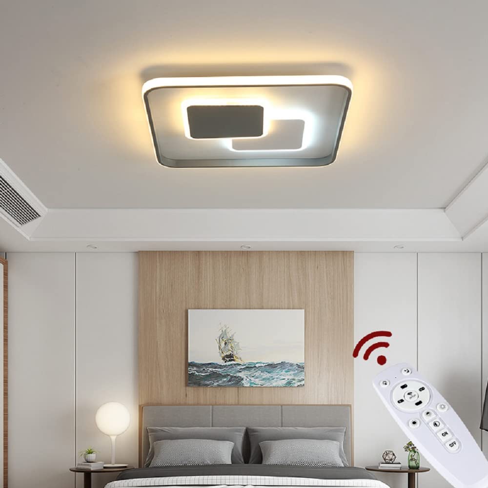 LED Deckenleuchte 9641FX Quadrat 46cm mit Fernbedienung Lichtfarbe/Helligkeit einstellbar Acryl-Schirm weiß/grau (9641+FX,46x46 cm 122W)