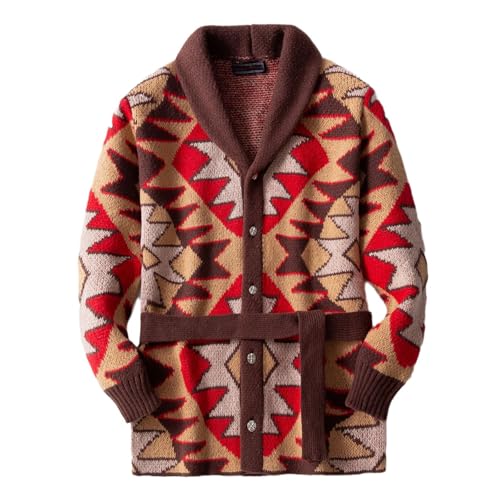 Mens Vintage Cardigan Sweater Shawl Collar Jacquard Knit Button Up Heavy Weight Knitwear with Belts