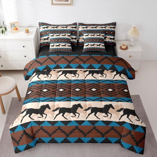 Image of Erosebridal Black Galloping Horse Bed in a Bag King Size Comforter Set 7-Piece | Western Bedding Sets Exotic Aztec Comforter and Sheet Set, Nordic Style Boho Tribal Wild Animal Room Decor,Blue Brown