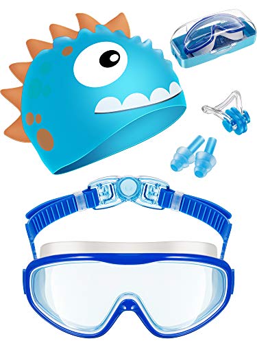 Kids Swim Goggles Kids Swim Cap Set, Kids Swimming Goggles Wide Vision Swim Glasses Silicone Fun Swim Caps Waterproof Swimming Hats for Children Boys and Girls (Blue)