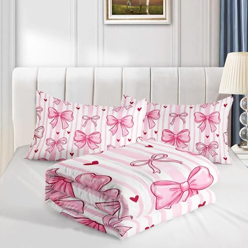 Image of AILONEN Pink Bow Comforter Twin 3 Piece Set Coquette Aesthetic Bedding Cute Ribbon Stripe Quilted Blanket Girls Dorm Decor Kawaii Soft Microfiber Duvet Alternative 2 Pillowcases