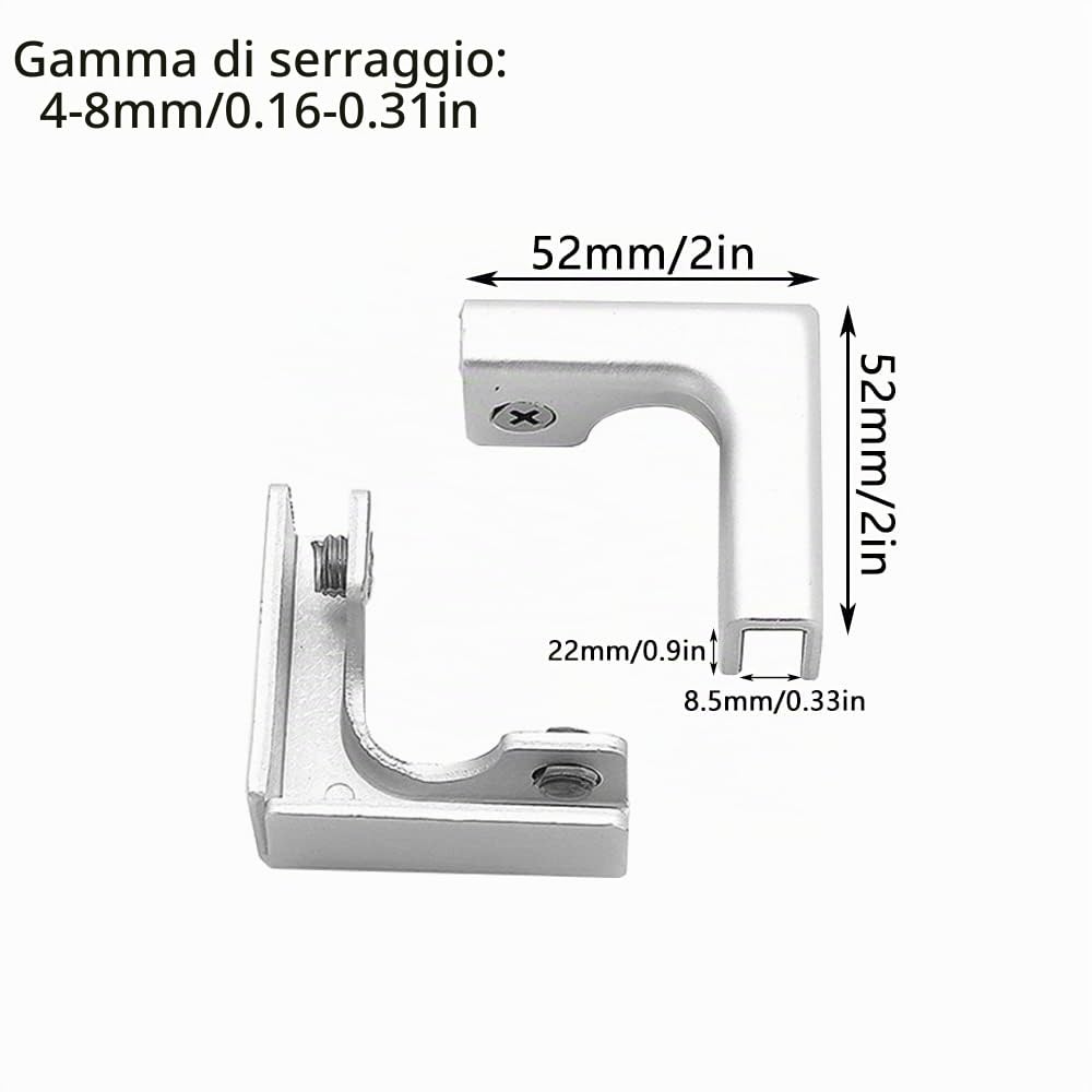 4 pezzi di vetro a forma di L con clip in lega di alluminio staffe di supporto in vetro per acquari, 4-8mm nessuna perforazione