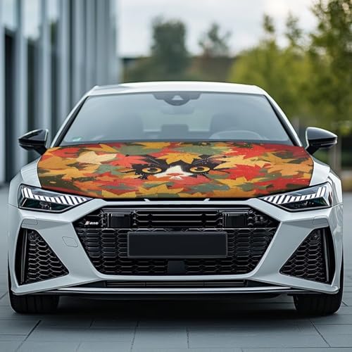 Image of Car Hood Cover Protector,Soft Universal Easy to Clean Breathable Print Stylish Hood Covers for Cars,Decoration Car Accessories Black Cat Maple Leaf