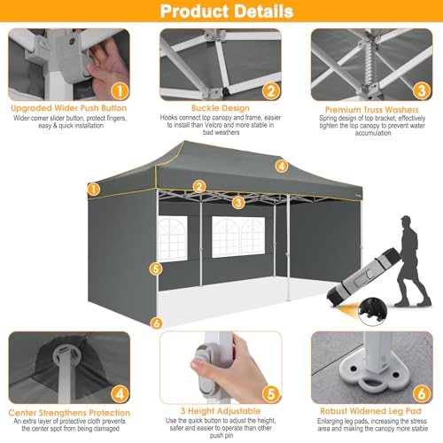 Image of HOTEEL 10x20 Heavy Duty Pop Up Canopy Tent with 4 Sidewalls, Commercial Outdoor Canopy Tents for Parties Event Wedding with Roller Bag, Waterproof & UV 50+, Upgraded Thickened Hexagonal Legs, Gray
