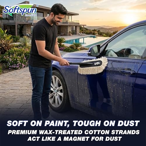 Image of SOFTSPUN Essentials Car Duster - Off White, Long-Handle Lint-Free & Scratch-Free Car Cleaner Brush with SiO2 Wax Infused Cotton Strands for Enhanced Dust Removal (Exterior Car Cleaning Tool)
