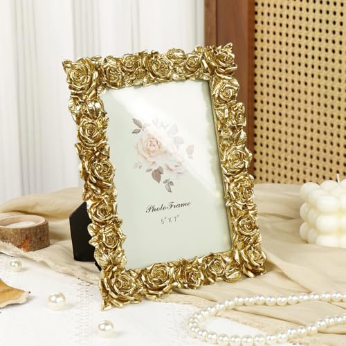 Vintage Gold 5x7 Picture Frame, Gold Ornate Rose Flower Resin Photo Frame with Glass Front for Tabletop, Antique Picture Frames Photo Gallery for Home Office Decor