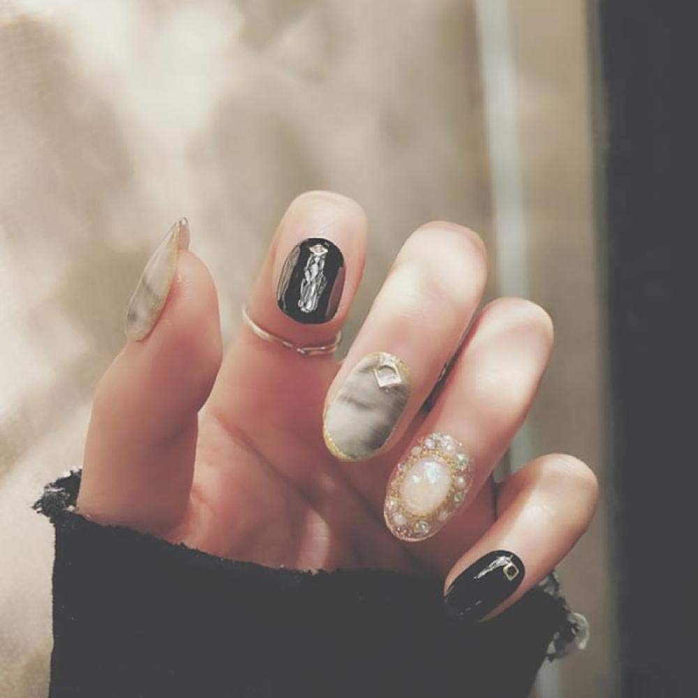 ACiyD Falsche Nägel im koreanischen Stil, runder Kopf, Nagelkunstwerkzeuge mit Kleber, Frauen, Marmor, Glitzer, Kunstperlen, falsche Nagel-Damen, sexy Punk-Stil, künstliche Nägel