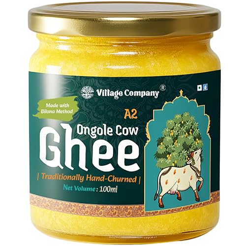 Image of Village Company A2 Cow Ghee Bilona Method | Bilona Ghee 100ML Ongole Cow | Bilona Ghee | Pure Ghee A2 Desi Cow Ghee | Vedic Pure Organic | Traditional Curd Churned | Lab-Certified | Glass Jar 100 ML