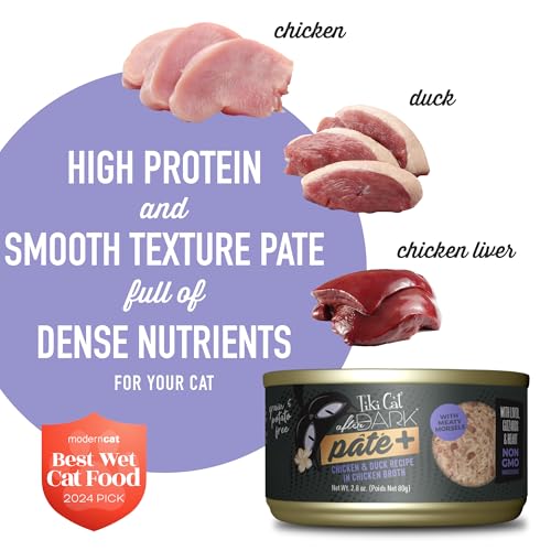 Image of Tiki Cat After Dark Pate+ Wet Cat Food, Chicken & Duck, 2.8oz Can (12 Pack) | Pate, Organ Meat, High Protein, High Moisture for Hydration, Real Chicken and Duck, Grain-free, 2.8 Oz. Cans (Pack of 12)
