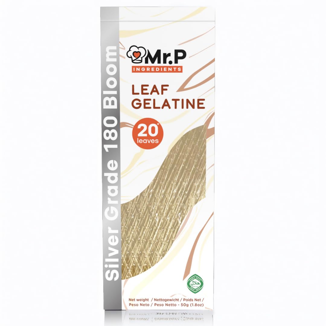 Mr.P Ingredients Leaf Gelatine 20 Leaves 50 gr Silver Grade 180 Bloom Gluten Free Non-GMO Halal Beef Gelatine Sheets Resealable Pouch