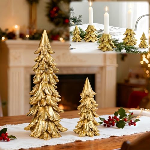 Christmas Table Decorations, Vintage Xmas Golden Resin Tree Candl...