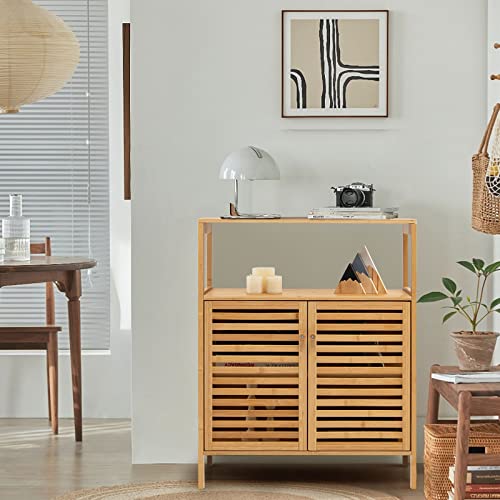 Tangkula Bamboo Floor Cabinet, Freestanding Bathroom Storage Cabinet With Double Slatted Doors, Open Shelf, Removable Shelf, Storage Organizer For Bathroom, Doorway, Living Room, Kitchen, Bedroom #TOP3