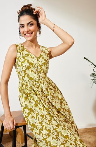 Image of Janasya Women's Olive Green Pure Cotton Floral Printed A-line Dress