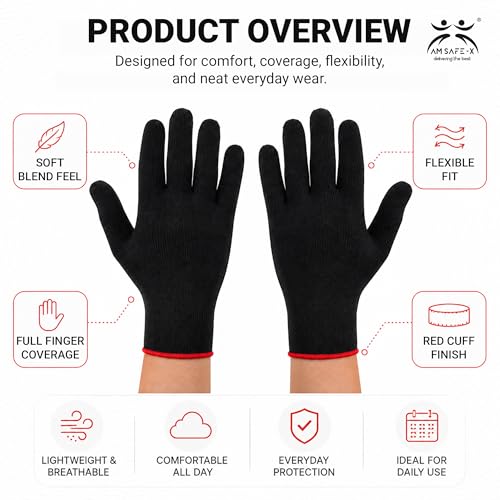 Image of AM Safe-X Premium Black Cotton Gloves for Men & Women | Lightweight Breathable Knitted Gloves | Soft Stretch Fit | Reusable Hand Protection for Driving, Gardening, Warehouse & General Use | 2 Pair
