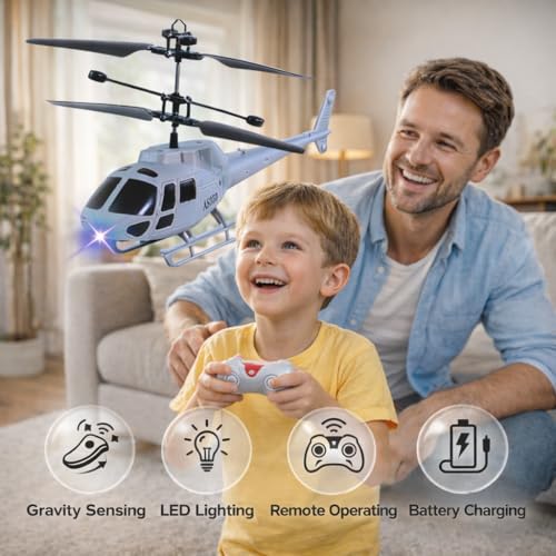 Image of Gravity Sensor Trigger Remote Helicopter Toy for Boys with Safety Sensor, Indoor Palm Sensing, Rechargeable with LED Lights I Pack of 1 (Millitary Gray Colour)