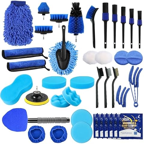PYBBO 40PCS Car Detailing Brush Kit, Car Exterior Interior Cleaning Detail Brushes Set, House Bathroom Cleaner Tools (Wash Mitt, Towels and Sponge, Windshield Tool, Wheels, Leather, Air Vents), Blue Cover