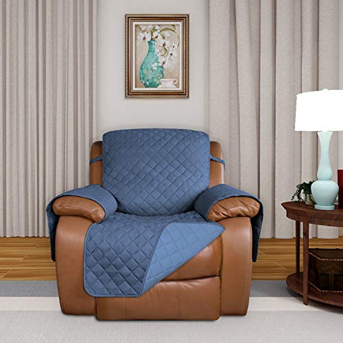Image of PureFit Reversible Quilted Sofa Cover, Water Resistant Slipcover Furniture Protector, Washable Couch Cover with Non Slip and Elastic Straps for Kids, Dogs (Oversized Recliner, Dark Blue /Light Blue)