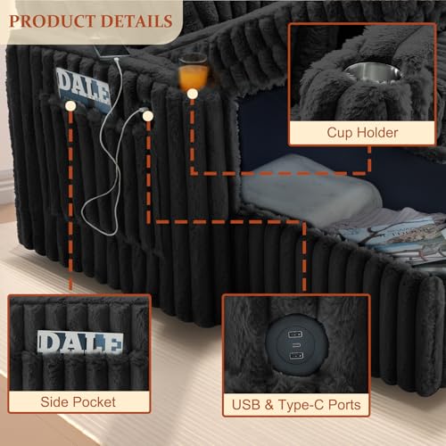 Image of 107'' Sectional Sleeper Sofa with Pull Out Bed, Storage Chaise, Adjustable Backrest, USB Charger, Cup Holder & Side Pocket, Fluffy Soft Corduroy U Shaped Couch for Living Room, Black