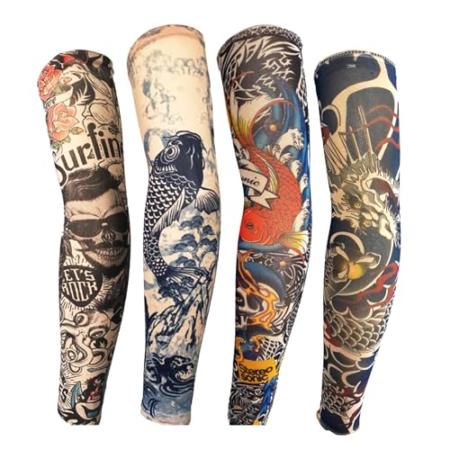 FANOST Tattoo Sleeves for Men Women 4 Pack - Assorted Cool Designs Full Arm Temporary Fake Tattoo Sleeve Covers for Adults Breathable & Stretchy for Parties Sports Halloween Costume