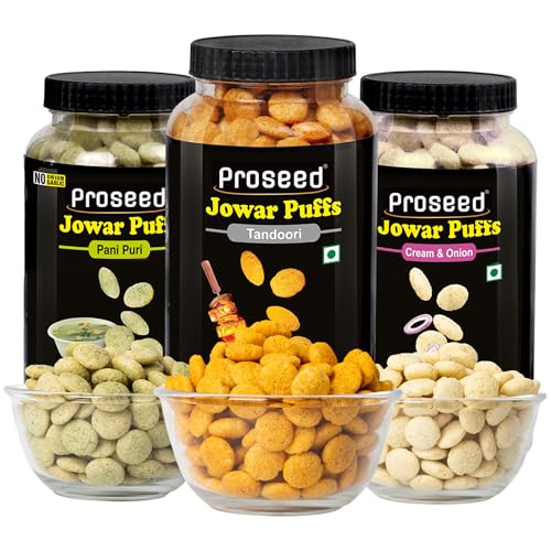 Image of Proseed Jowar Puffs (Tandoori, Pani Puri & Cream Onion) | 150g x 3 Packs (Total 450g) | Slow Roasted & 100% Veg | No Refined Flour, Sugar & Trans-Fat | Gluten Free | No Palm Oil, Healthy Millet Snacks