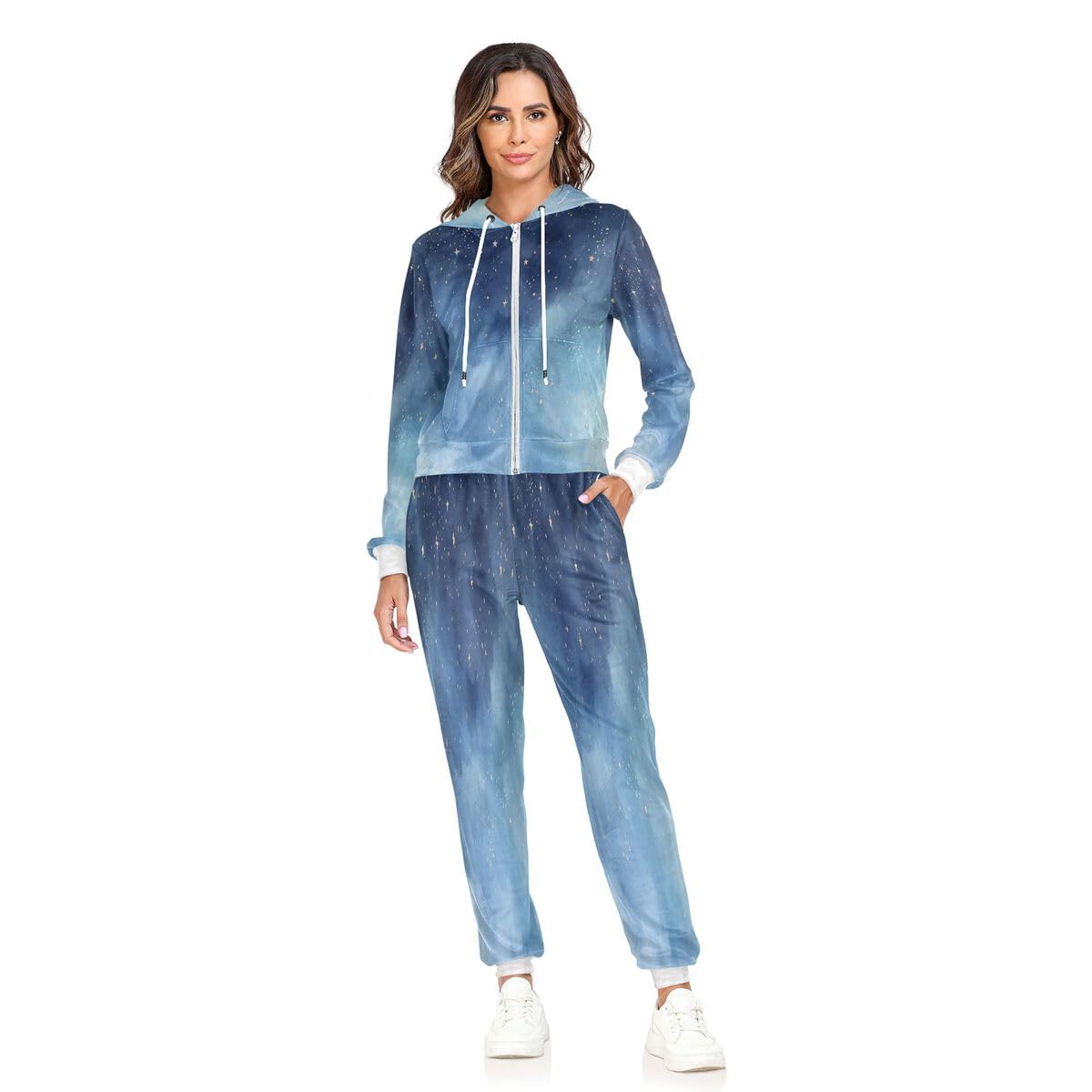 Conjunto deportivo de 2 piezas para mujer, diseño de acuarela, cielo nocturno, estrellas, manga larga, color azul