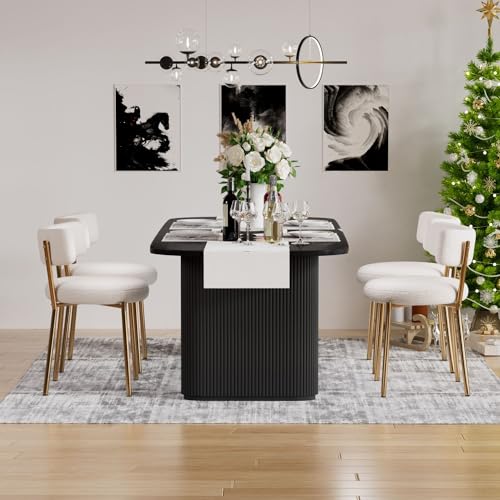 HAIZAO Boucle Dining Chairs Set of 4, Modern Round Upholstered Dining Chairs, Curved Backrest Kitchen Dining Room Chairs, Mid-Century White Dining Chair with Golden Metal Legs