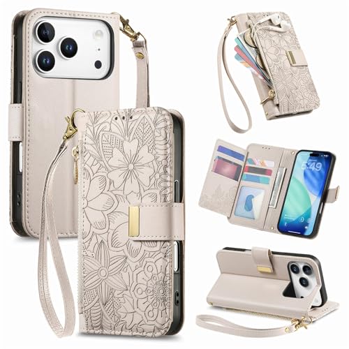 Étui iPhone 17 Air housse portefeuille cuir clapet beige motif fleur protection intégrale